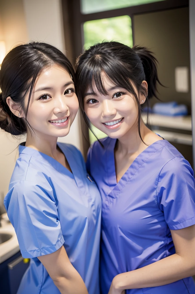 Dental hygienist, only two women　Side by side, smiling, wearing medical scrubs, short sleeves, cute, Japanese, black hair, women in their early 20s　Upper body close-up　high resolution　Highest quality　　Don&#39;t press your face too much