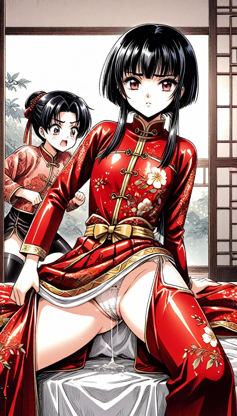 A tragic historical drama in 8k live-action style: Beautiful palace secrets　Beautiful 10 year old Chinese Kung Fu girl with short black hair is forced to wear panties with holes for excretion　Gorgeous embroidery, Ultra glossy, She is wearing a shiny red top and bottom long sleeve floral pajama kung fu suit....　　　