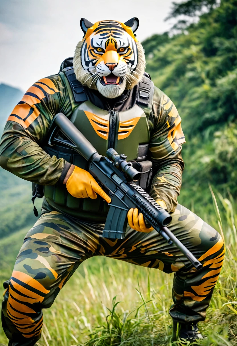 (a dark-skinned bearded fat muscular old man in a bulky army camouflage zipper diver suit), and (wearing realistic roaring siberian tiger mask) and crouching shooting with sniper rifle, muscular, Bruce Onobrakpeya, sumatraism, stanley artgermm, action, heroic, fierce, furious