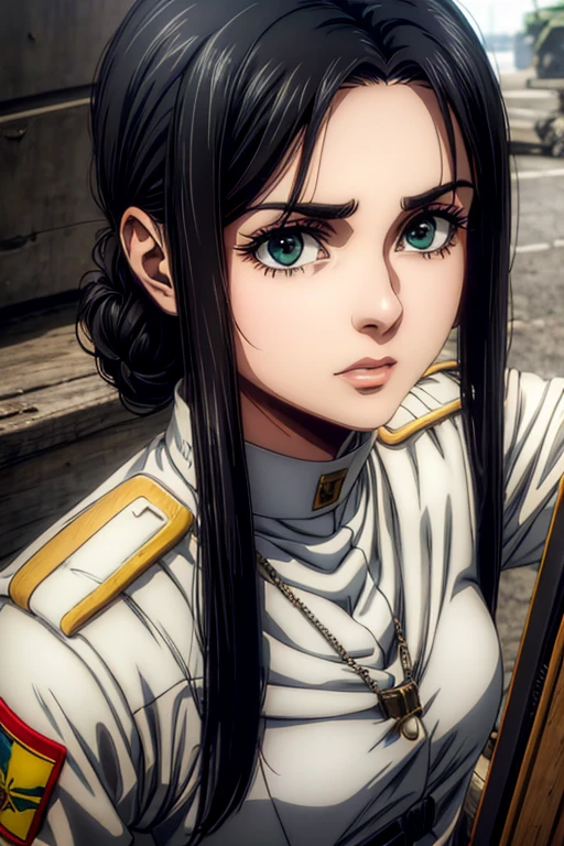 30 year old woman, long black hair, greeneyes, neutral expression, necklace on the neck, White military uniform, holding gun, liberia