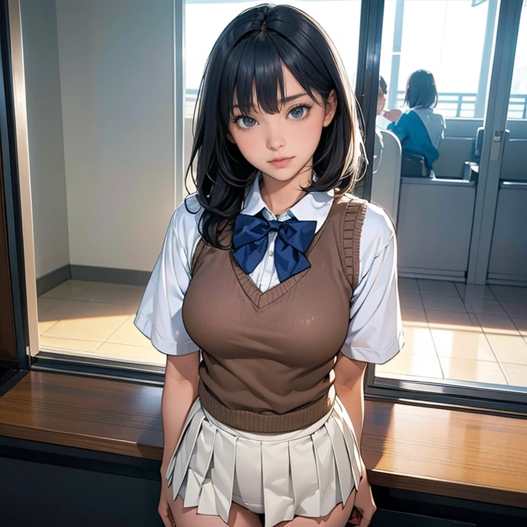 (angle from below:1.5), 1girl, (solo), blush, (seductive smile:1.3), (()), (big breast:1.8), nsfw, (cum on body:1.3), ((excessive cum:1.5)), ((beautiful anime eyes with fine detail)), realistic skin, ((sailor suit)), (Navy blue pleated mini skirt), nsfw, ((skirt lift:1.5)), ((spread pussy:1.5)), spread legs, ((thigh-high socks)), Subway train interior background, in a crowded train, (Lots of men on the train), men wearing suit pants, man standing behind a girl,