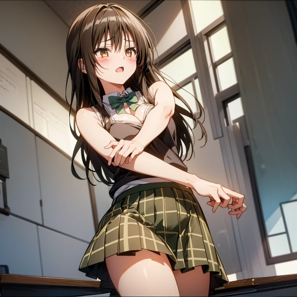 Kotegawa Yui, yui kotegawa, Black Hair, (Brown eyes:1.5), Long Hair,Excited,Open your mouth,驚いた表情
break green skirt, Plaid, Plaid skirt, Cainan High School , , skirt,Short sleeve,
break looking at viewer,
break indoors, classroom,
break (masterpiece:1.2), Highest quality, High resolution, unity 8k wallpaper, (shape:0.8), (Beautiful and exquisite:1.6), Highly detailed face, Perfect lighting, Highly detailed CG, (Perfect hands, Perfect Anatomy),(Big Breasts)Saggy breasts,(Showing cleavage),(skirtを持ち上げる1.2),From below,(thin:1.3),Slim Belly,(thinウエスト:1.4),skinny slender 、thinピンク色のパンティー、thin腕