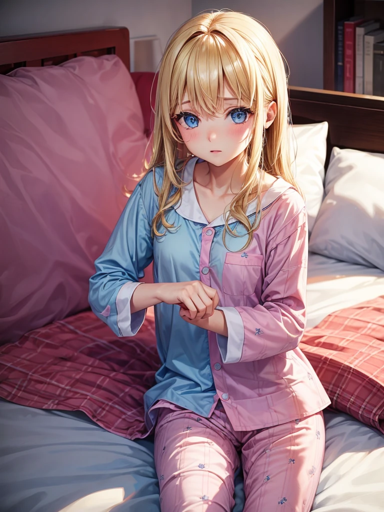 an adult woman, Blonde, blue eyes, pink pajamas, in his bed about to sleep, with eyes closed and crying, it's night