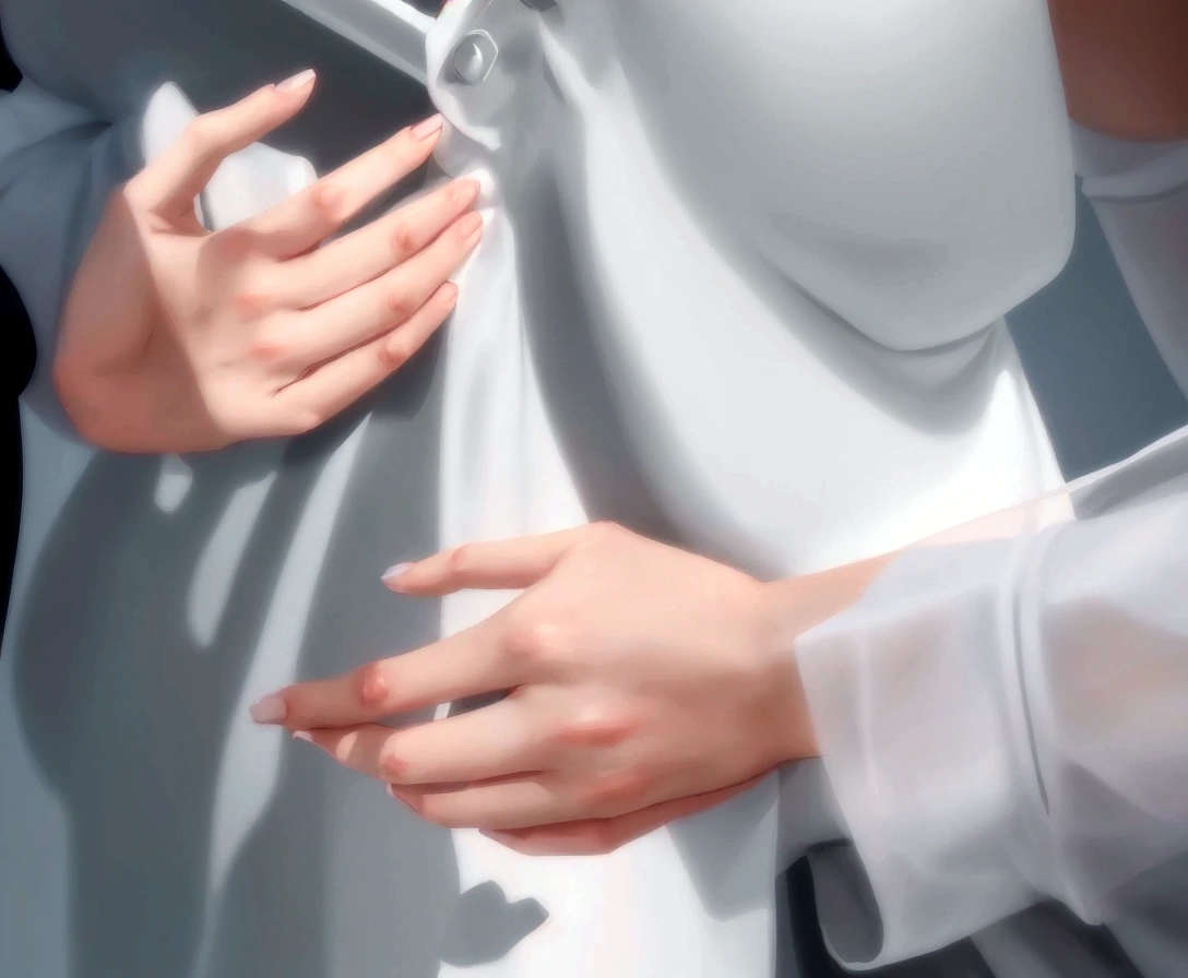 There was a woman wearing a white shirt holding hands., Drawing in Anime Painter Studio, with index finger, Closeup style, heavy pose, Made with Anime Painter Studio., light anime illustrations, Subtly soft drawing, Hand Simpe, realistic hand, Details with shadows, Ultra Realistic Details, detailed hands, smooth cg anime art, realistic finger