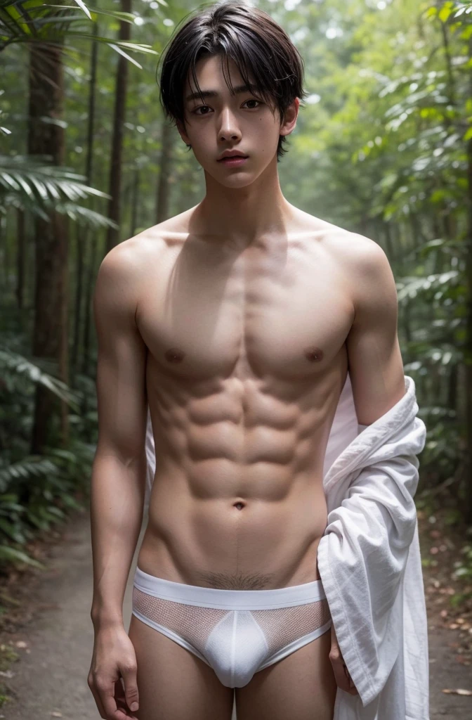 18-year-old boy, Upper body naked, White underwear ,Smooth Skin,Forest, Black Hair, Thin、Beautiful Boy、Japanese、Dark Eyes、whole body