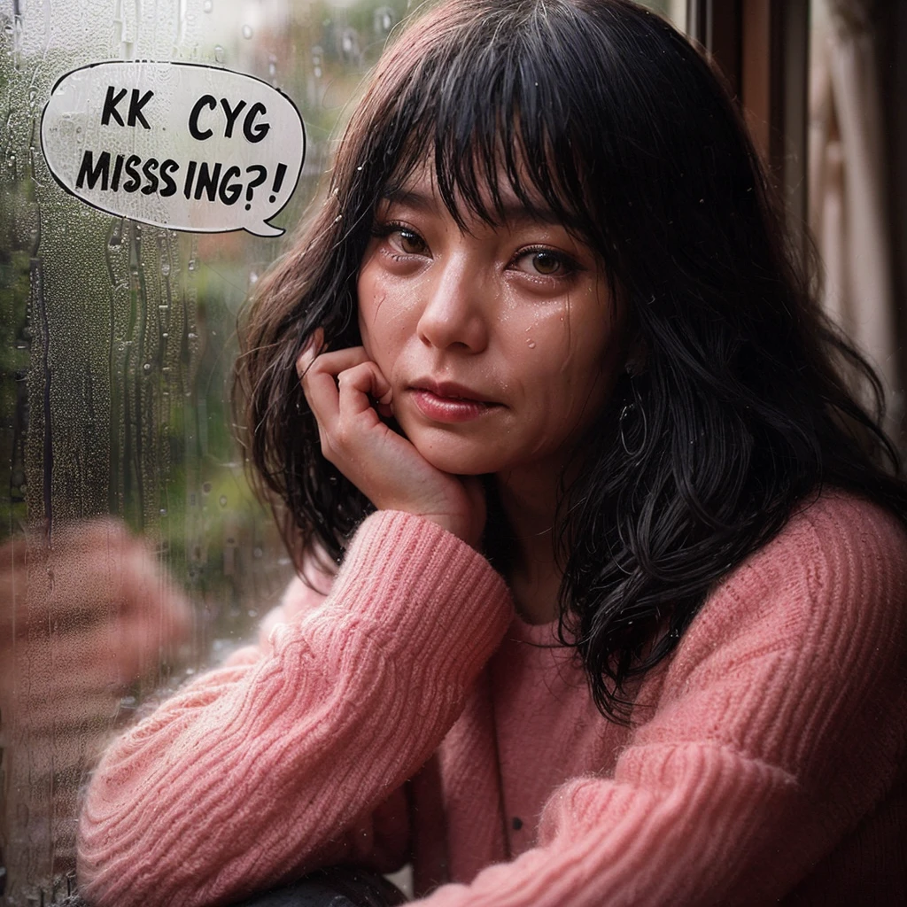 A beautiful woman was crying sadly at the edge of the window in the drizzling rain