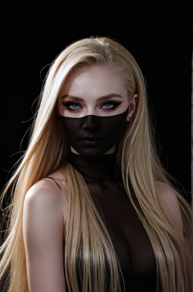 woman pretty, blonde,slick-blonde-slickback-hair,wearing black veil with roses, sheer dress,pale,eyeliner,portrait,no-makeup ,full body, makeup ,pale woman painting, eyeliner wonderful highly detailed masterpiece, beautiful light deep focus, elegant, digital painting, smooth, dramatic lighting, ultra realistic, 8k, art , black background,black background, black wallpaper 