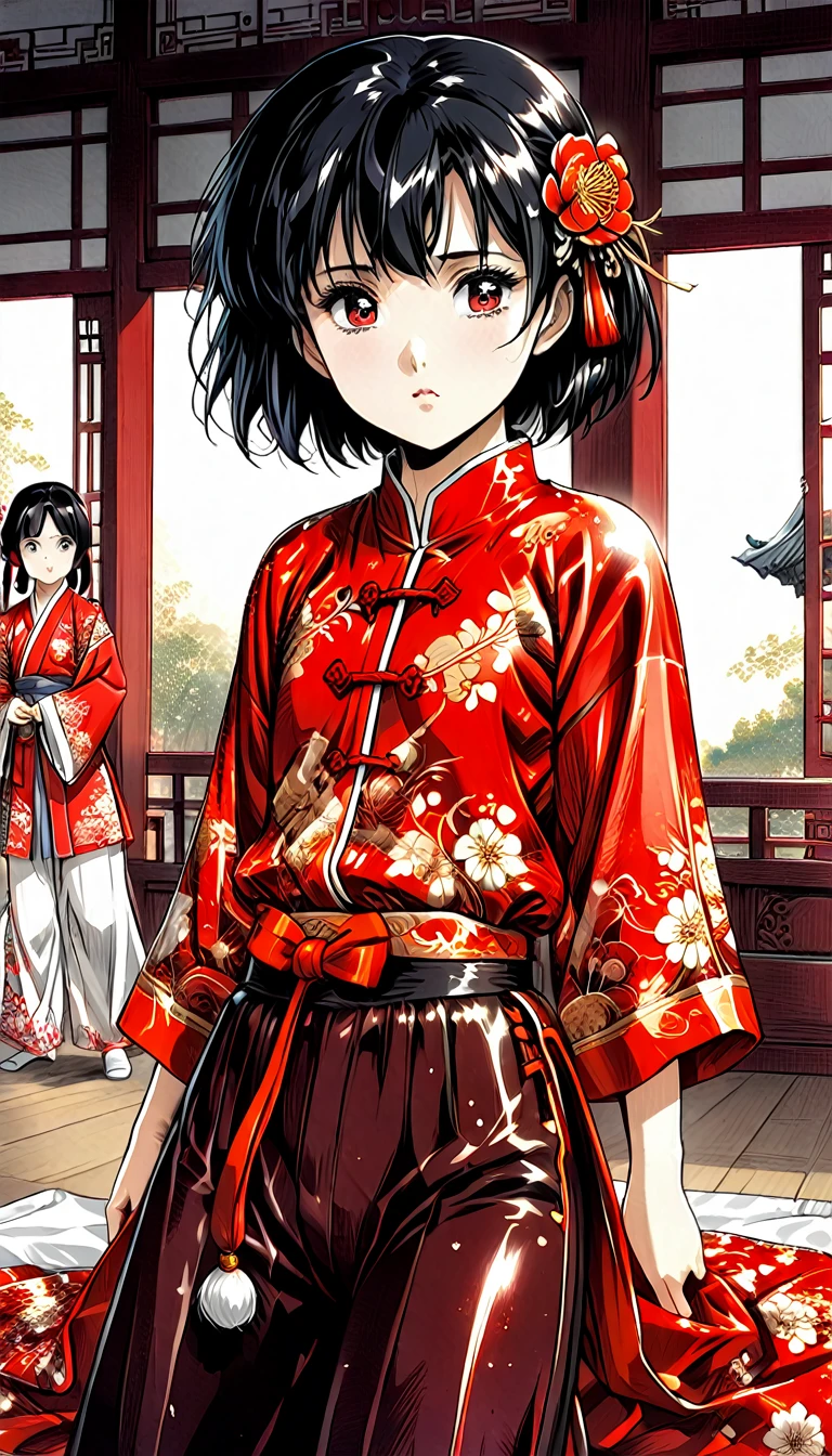 A tragic historical drama in 8k live-action style: Beautiful palace secrets　Beautiful  Chinese Kung Fu girl Hime with short black hair is forced to wear excrement pants　Gorgeous embroidery, Ultra glossy, She is wearing a shiny red top and bottom long sleeve floral pajama kung fu suit....　　　