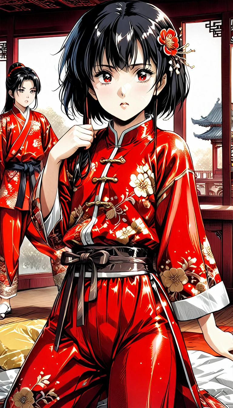 A tragic historical drama in 8k live-action style: Beautiful palace secrets　Beautiful  Chinese Kung Fu girl Hime with short black hair is forced to wear excrement pants　Gorgeous embroidery, Ultra glossy, She is wearing a shiny red top and bottom long sleeve floral pajama kung fu suit....　　　