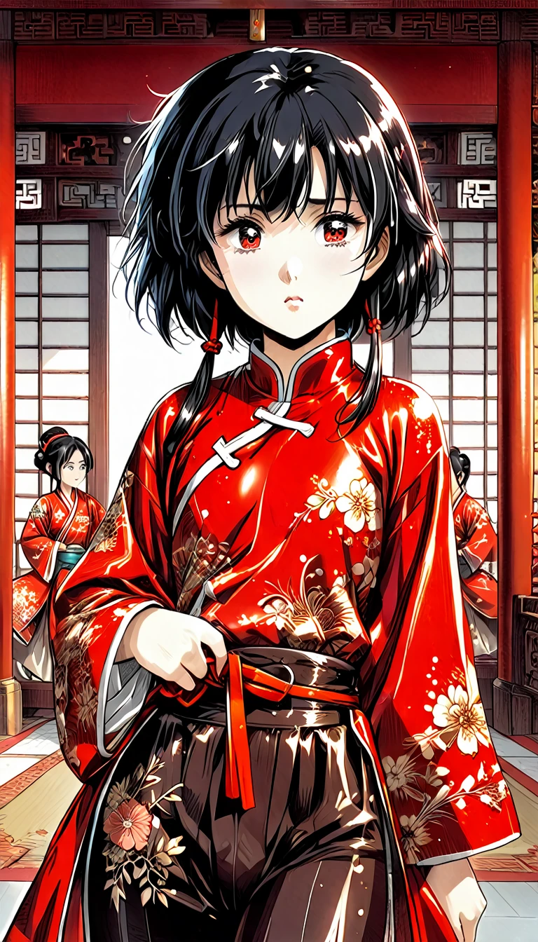 A tragic historical drama in 8k live-action style: Beautiful palace secrets　Beautiful 10 year old Chinese Kung Fu girl Hime with short black hair is forced to wear excrement pants　Gorgeous embroidery, Ultra glossy, She is wearing a shiny red top and bottom long sleeve floral pajama kung fu suit....　　　