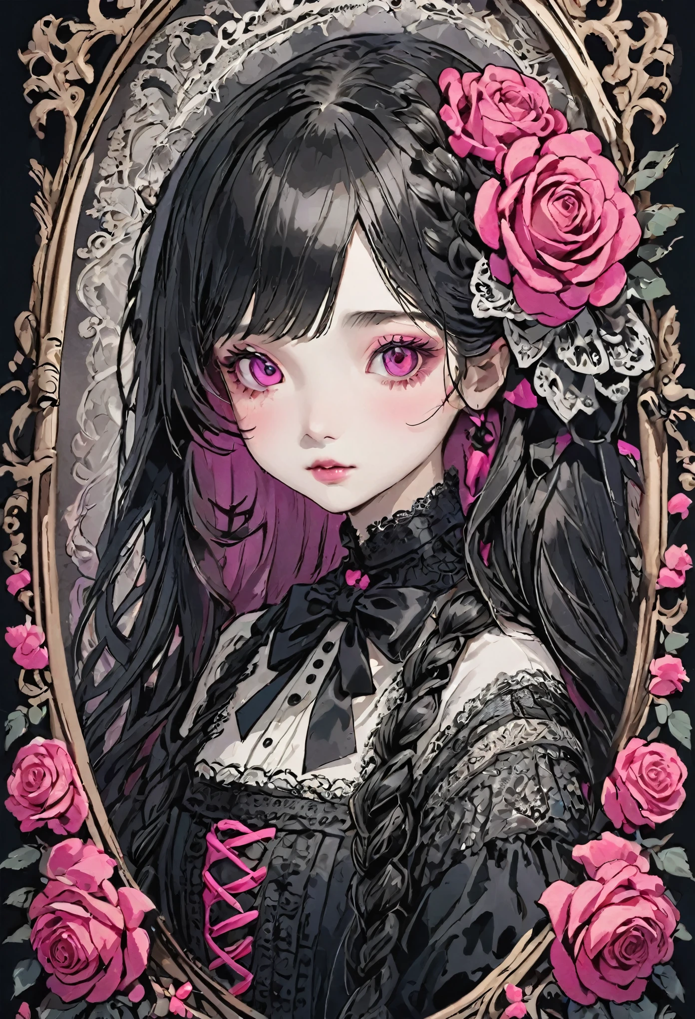Beautiful gothloli Victorian girl, kawaii cute face, floral motifs, intricate details, braided hair, black lace, large doll-like eyes, dark fantasy, black color, neon-pink color, silver color, roses ribbons, baroque design, surreal elegant, manga influence, detailed illustration, etching technique, high artistic value, historical cultural depth, world-renowned artwork