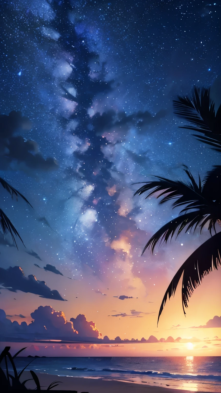 highly detailed, masterpiece, ultra high quality, wallpaper:20, 4k anime art wallpaper, 4k anime art wallpaper, 8k anime art wallpaper, anime sky, gorgeous wallpaper, 4k anime wallpaper, 4k anime wallpaper, 4k anime wallpaper, anime background art photorealistic, enjoying the view of the midnight deep black sky and stars,(midnight):10, full of stars, 1 comet, space sky. by Makoto Shinkai, Makoto Shinkai Cyril Roland, tropical beach, late at night, gently touching the transparent seawater at the shore, endless white sand beach, swaying palm trees. immerse in a calm atmosphere and feel at peace.no human
