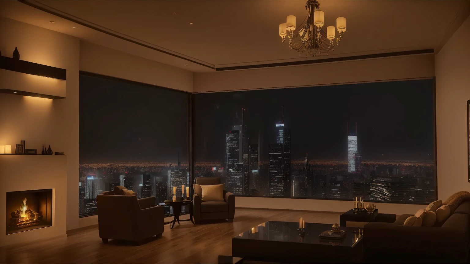 Arav view of the living room with fireplace，City view, Broad film vision, 8k hdr movie stills, 8k hdr movie stills, Luxurious environment, Wide viewing angle movie lighting, Penthouse, Dramatic lighting 8k resolution, Ultra HD Cinema Lighting, Ambient lighting at night, Movie night lights, Rich atmosphere, New black background