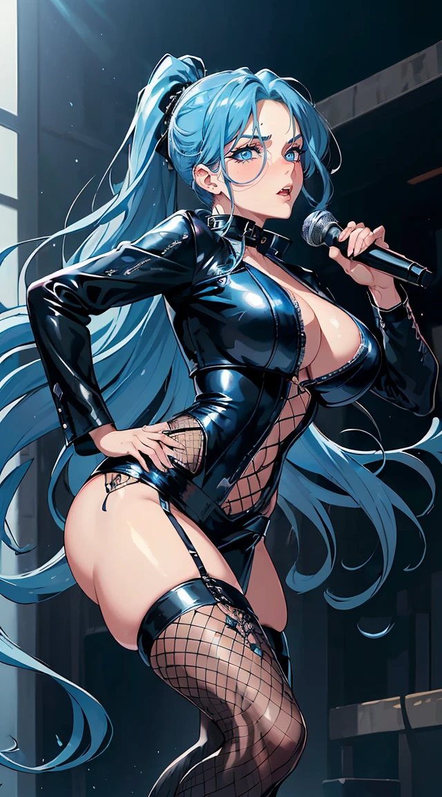 handsome older WOMAN,blue-eyes,blue pupils,Long blue hair,Hyperresolution,accuracy,Detailed rendering,(Subtle image)(Image of fine hair)(topquality)(Masterpieces of masters)(High degree of completeness)(A sense of atmosphere)tmasterpiece,Super detailed and super detailed(half-body portrait), long wavy blue hair, (((tHICK WAVY HAIR)))(((ANKLE LENGTH HAIR)))(((Blushing)))(((Huge breasts)))(((LARGER BREASTS))) large breasts, bigger breasts (((Bigger breasts))) (((Blushing))) (((Sakimichan))) (((blue hair))) (((black Rockstar outfit))) (((Leather black outfit))) (((Rockstar)))(((Fishnet tights)))(((cASUAL ROCK OUTFIT))) (((gRUNGE OUTFIT))) (((rOCK MAKEUP))) (((sINGING))) (((bLACK LEATHER OUTFIT))) (((bLACK EYELINER)))(((Fierce expression))) (((Focused))) (((Hair in a long ponytail))) (((Ponytail))) (((Sexy l outfit)))(((Elf ears)))(((Spotlight)))