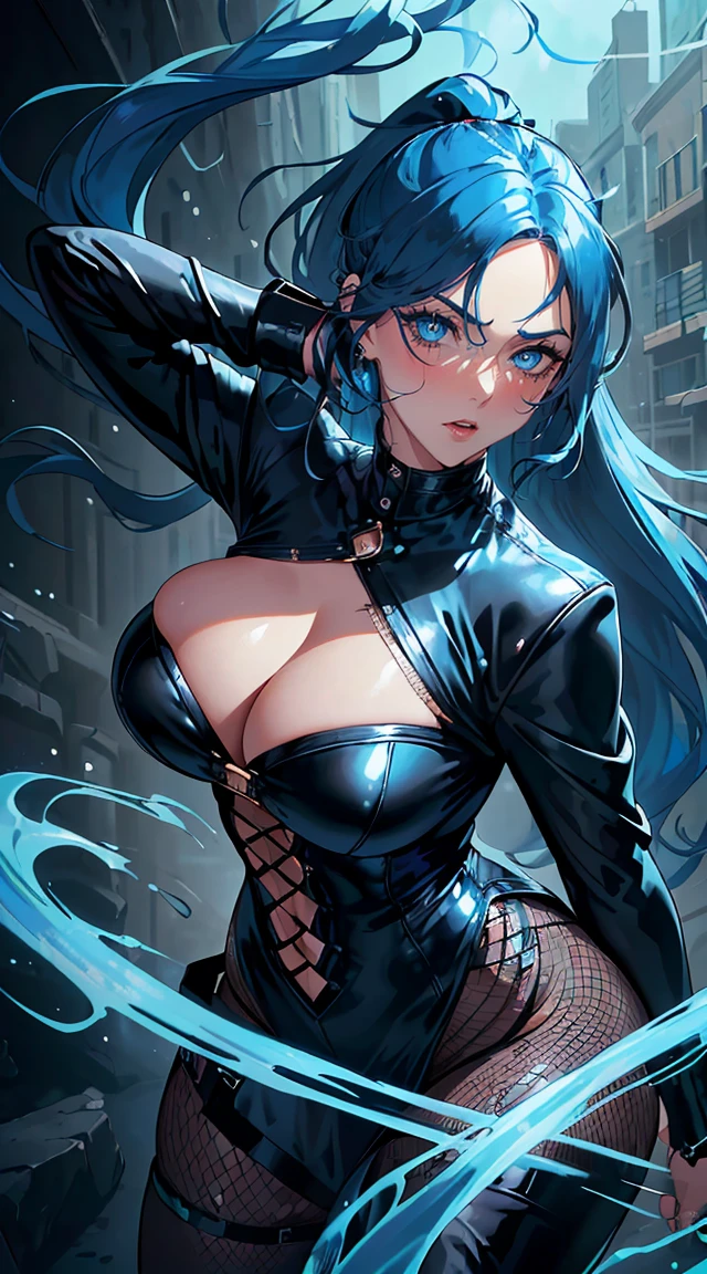 handsome older WOMAN,blue-eyes,blue pupils,Long blue hair,Hyperresolution,accuracy,Detailed rendering,(Subtle facial image)(Image of fine hair)(topquality)(Masterpieces of masters)(High degree of completeness)(A sense of atmosphere)tmasterpiece,Super detailed and super detailed(half-body portrait), long wavy blue hair, (((tHICK WAVY HAIR)))(((ANKLE LENGTH HAIR)))(((Blushing)))(((Huge breasts)))(((LARGER BREASTS))) large breasts, bigger breasts (((Bigger breasts))) (((Blushing))) (((Sakimichan))) (((blue hair))) (((black Rockstar outfit))) (((Leather black outfit))) (((Rockstar)))(((Fishnet tights)))(((cASUAL ROCK OUTFIT))) (((gRUNGE OUTFIT))) (((rOCK MAKEUP))) (((sINGING))) (((bLACK LEATHER OUTFIT))) (((bLACK EYELINER)))(((Fierce expression))) (((Focused))) (((Hair in a long ponytail))) (((Ponytail))) (((Sexy latex outfit)))(((Elf ears)))(((Spotlight)))