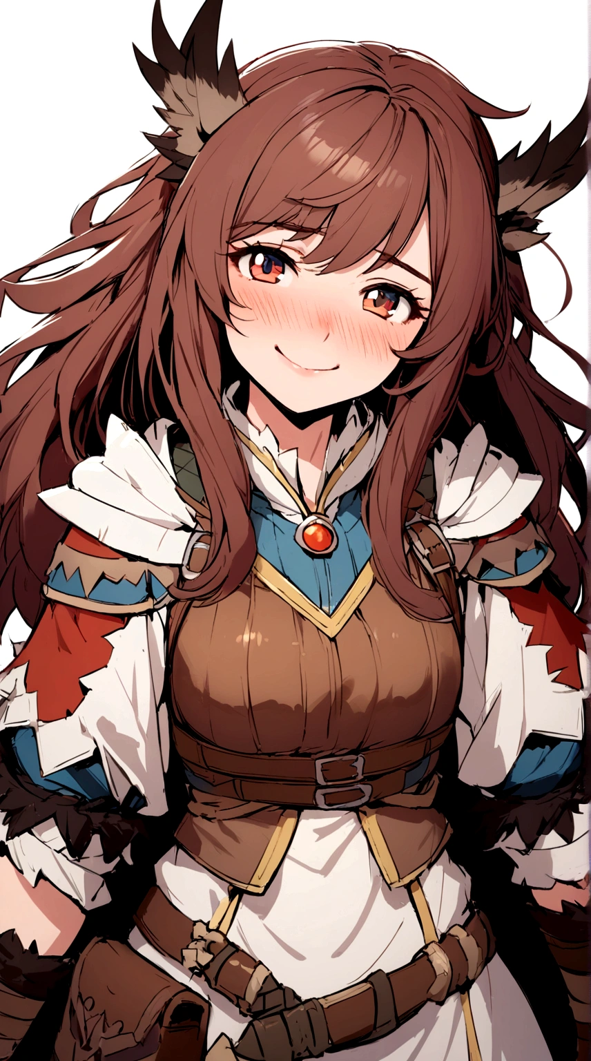 ((monsterhunter)), looking the viewer, solo, girl, shy, red cheek, bashful, embarrassed, smiling, happy, perfect face, muscular, long hair, beautiful eye, upper body