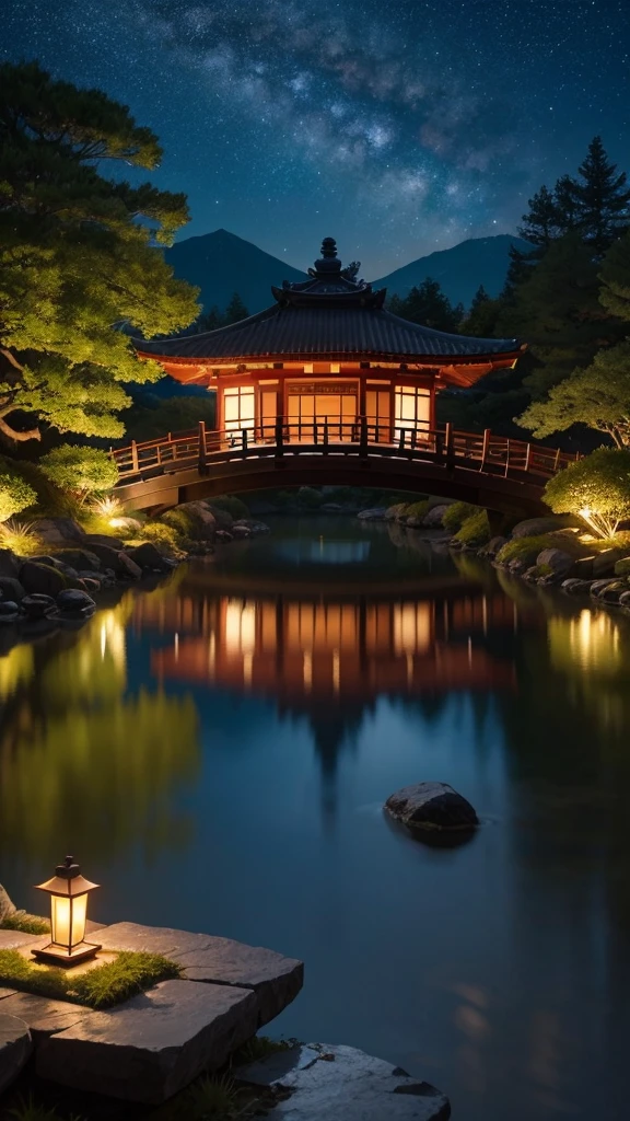 Nightscape inspired by Japanese art, Lantern-lit gardens and a wooden bridge over a tranquil lake. The starry sky is reflected on the water, Create a magical environment. Standing by the lake looking at the distant mountains、There is a small Zen temple lit by candles., people々A place where people come to meditate. wood々The leaves sway gently in the wind, Creates a calm and relaxed atmosphere.