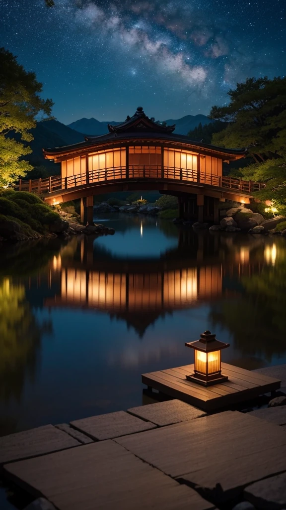 Nightscape inspired by Japanese art, Lantern-lit gardens and a wooden bridge over a tranquil lake. The starry sky is reflected on the water, Create a magical environment. Standing by the lake looking at the distant mountains、There is a small Zen temple lit by candles., people々A place where people come to meditate. wood々The leaves sway gently in the wind, Creates a calm and relaxed atmosphere.