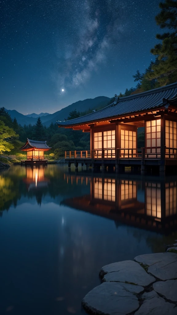 Nightscape inspired by Japanese art, Lantern-lit gardens and a wooden bridge over a tranquil lake. The starry sky is reflected on the water, Create a magical environment. Standing by the lake looking at the distant mountains、There is a small Zen temple lit by candles., people々A place where people come to meditate. wood々The leaves sway gently in the wind, Creates a calm and relaxed atmosphere.