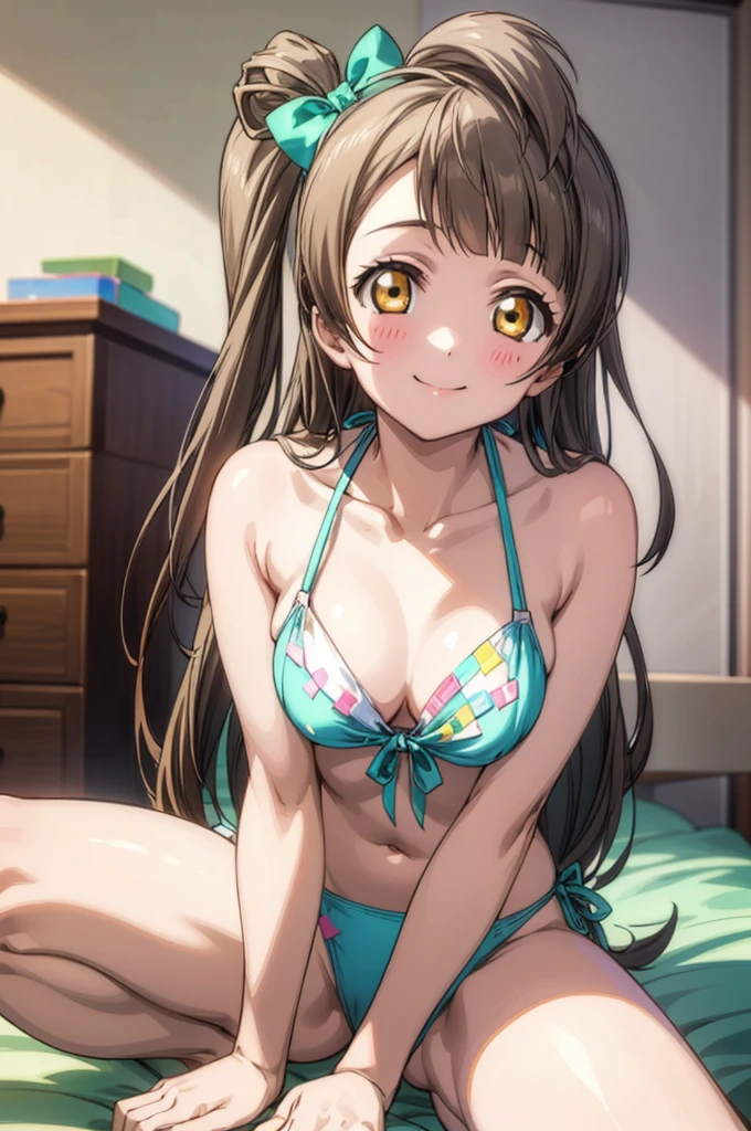 (((pixel-perfect, detail-perfect))), solo, 1girl, ori minami, , looking at viewer, smile,,bikini,my room,sitting,open legs,sprfw,medium breasts