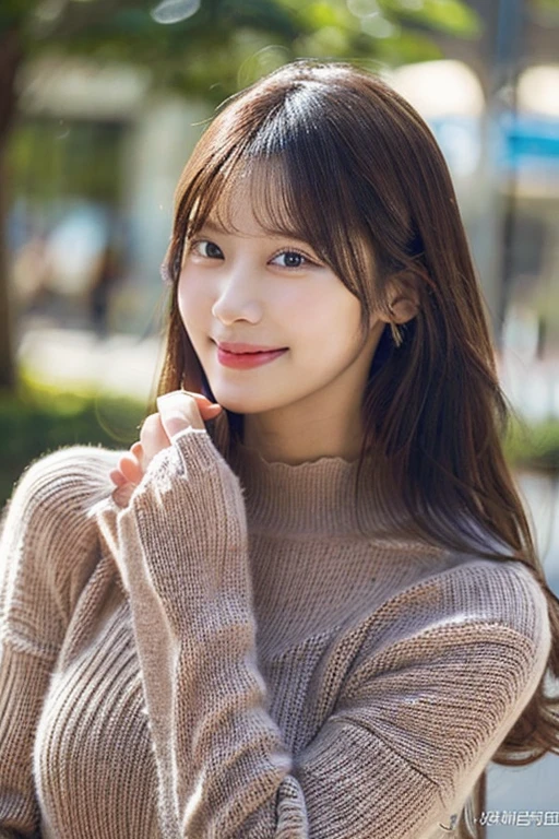 masutepiece, Best Quality, photorealistic,Illustration, Ultra-detailed, finely detail, hight resolution, 8K Wallpaper, Perfect dynamic composition, Beautiful detailed eyes, Mocha long sleeve knit dress,Straight hair,large breasts natural color lip, Randomly sexy poses,Smile、20 years girl、Cute、Sexy shot looking at camera,Perfect and beautiful face