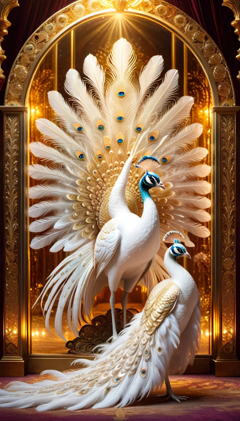 White peacock，Front upright，（Pure white body，Many white peacock feathers，Gold pattern，Crystal sparkle），Peacock opens the screen，Looking at the audience，fantasy，Colorful tones，masterpiece，Dramatic ethereal beauty，Panoramic view：1.2，Three light sources，reflected light