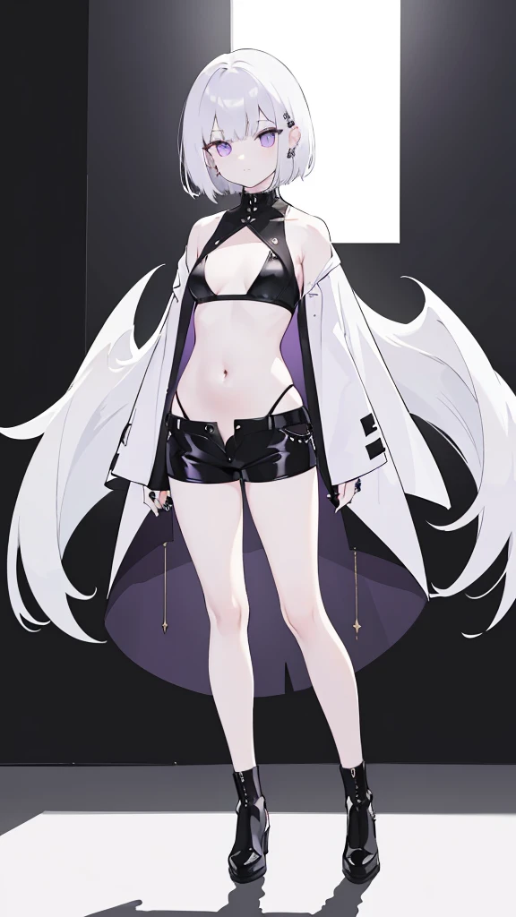 One Girl, Black and White Hair, Short Hair, Silver Piercings, Black Clothing, Black Nails, Showing Belly, Shorts, Gold Decoration, Purple and White Different Color, Cool, Cool Look, Perfect Body Line, Black Main Color, White Subcolor, Purple Accent Color, 20s, Fashionable, Full Length Ethnicity, Standing, White Background Thighs ((Top Quality)), ((Masterpiece)), (Detail), (High Contrast Natural Side Sunlight, Dynamic Lighting, Film Lighting), (((Face Front to Camera))), Full Length, Masterpiece, (Full Length), Legs, Perfect Legs, Full Length Shadow Image, ((Perfect Composition, Golden Ratio))