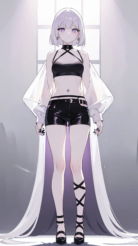 One Girl, Black and White Hair, Short Hair, Silver Piercings, Black Clothing, Black Nails, Showing Belly, Shorts, Gold Decoration, Purple and White Different Color, Cool, Cool Look, Perfect Body Line, Black Main Color, White Subcolor, Purple Accent Color, 20s, Fashionable, Full Length Ethnicity, Standing, White Background Thighs ((Top Quality)), ((Masterpiece)), (Detail), (High Contrast Natural Side Sunlight, Dynamic Lighting, Film Lighting), (((Face Front to Camera))), Full Length, Masterpiece, (Full Length), Legs, Perfect Legs, Full Length Shadow Image, ((Perfect Composition, Golden Ratio))