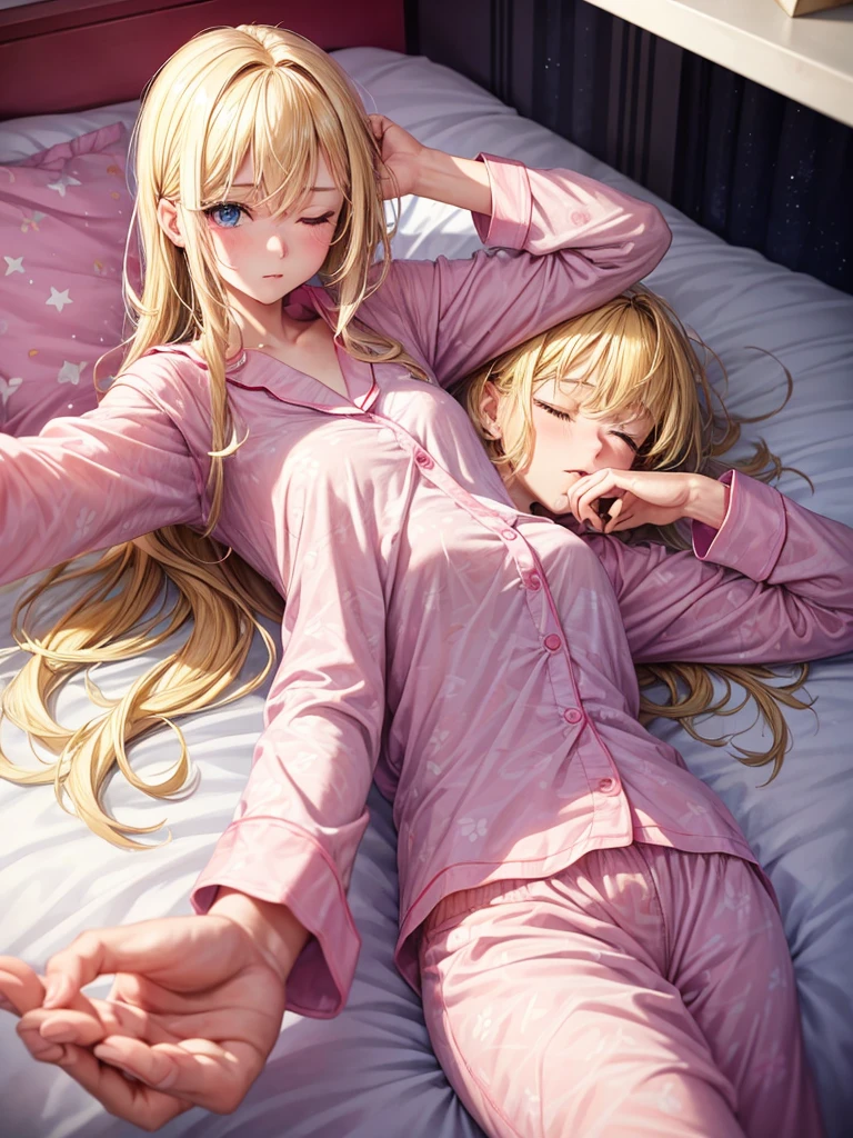 an adult girl, Blonde, blue eyes, pink pajamas, in his bed about to sleep, With eyes closed, in a night environment