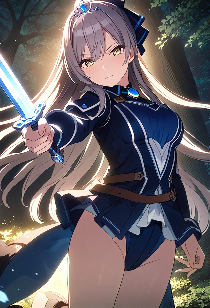 Highest quality、Very detailed、High resolution illustrations、Ultra-high-definition CG、８k size wallpaper、Production art、Light Novel Illustration、sakuya shirase、Midnight blue long ponytail、Platinum tiara with blue gemstones、Yellow Eyes、(Tree Eyes), Cool and sharp features, Female magical warrior、white&Gold breastplate、Blue and white leotard、(((With side armor and long slits、ブルーとwhiteゴールドで装飾されたペンシルスカート)))、Half puff sleeves with shoulder pads、A large white ribbon with a large sapphire on the chest、whiteと青のロング手袋、whiteと青の太ももまでのスティレットブーツ、whole body、She has a sword with a glowing blue blade..