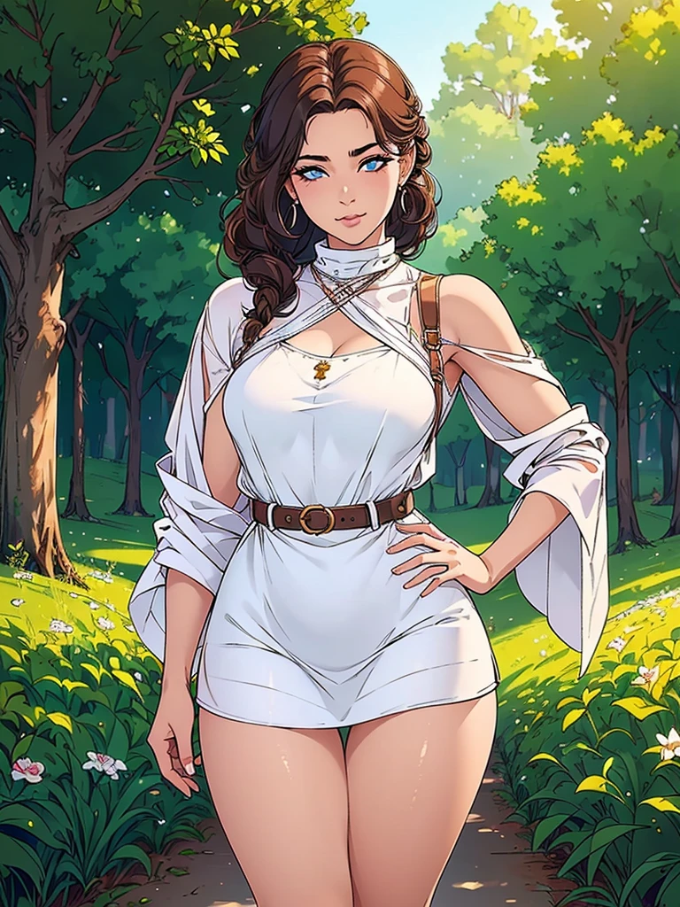 Just one girl,Best quality, 4k, high resolution, body stuck dress, perfect smile, gorgeous, white skin, ahegao face(hentai face) , brown hair, wearing white kimono, wearing white aprons,1 girl, solo, seductive look, elegance and charm, (masterpiece, best quality, high resolution), looking at the viewer, standing, (intricate and beautiful:1.2), (detailed light:1.2), (soft light, side light), (high resolution textures) , holding leash in hand(chain leash), outdoor, Burmese girl, wearing gorgeous jewelary, wearing harness over the outfit ,outdoor background, sun light, attractive, sexy, mature and hot, young,(masterpiece:1.3), (disorganized:1.3), (highest quality:1.3), perfect anatomy, detailed face, front view, perfect right hands, looking at viewer, (Super detailed:1.3), (best shadow:0.7), (treated hair), fine eyes, beautiful eyes, young aged woman, alone, standing, crystal earrings,closed_mouth, , outdoors,Thick thighs, arrogant face, small 