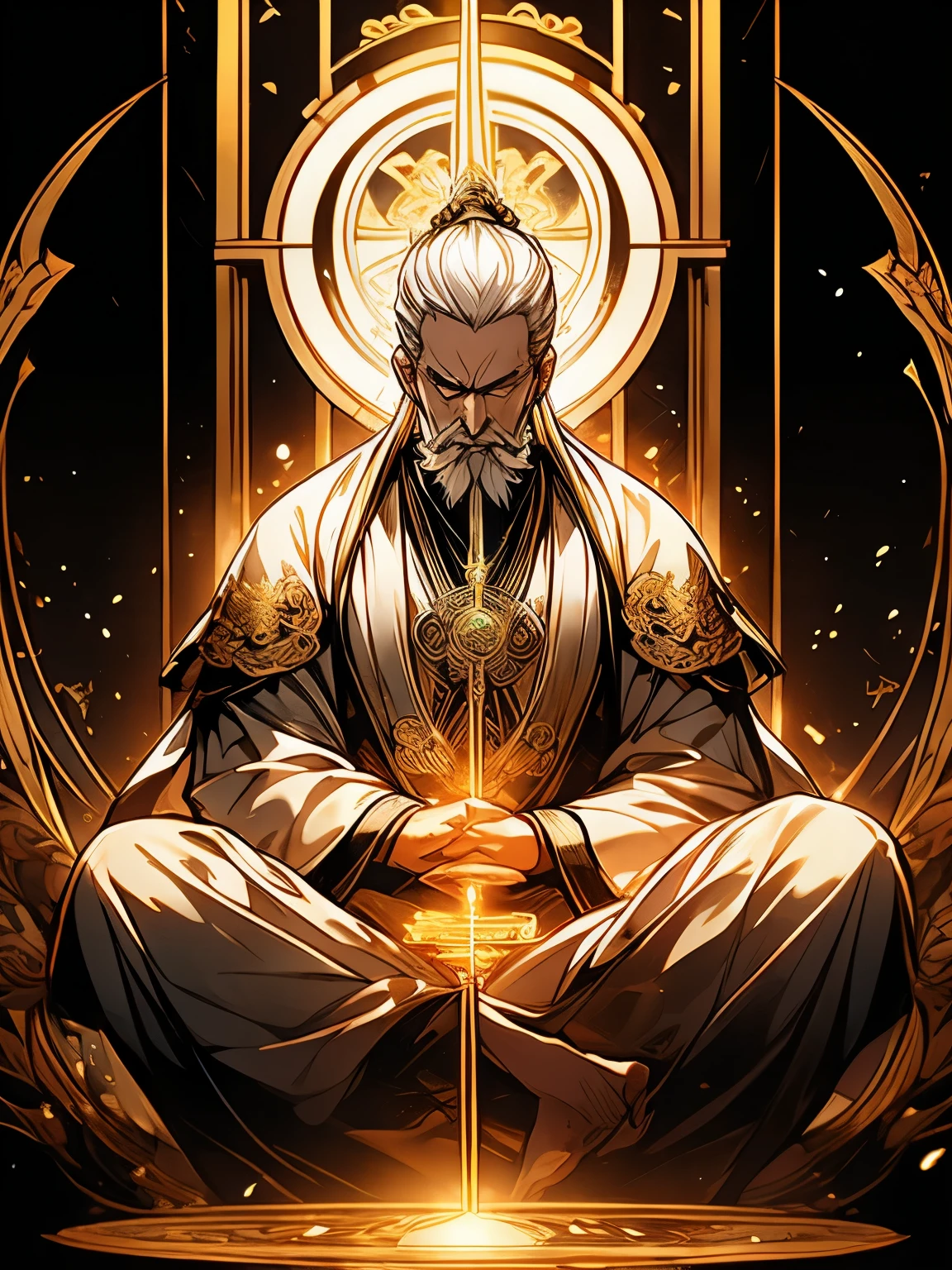 Immortal Cultivation,White-haired old man,White Taoist robe,Meditate cross-legged,front,There is a gold effect behind,whole body,black background