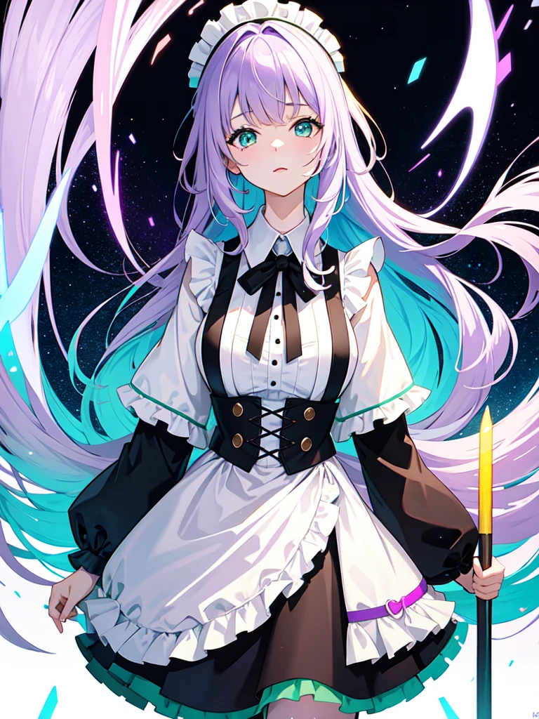 has a big shield, watercolor画, （Gradient braided hair, (Ink blotches:1.1), (pale:1.2),(Light purple:1.2),(Light green:1.2)）and wearing a maid outfit 　Mature face,tall, Wearing black tights,Green Eyes, The skin is hidden　and 1 female, Nervous,Cowboy Shot, sketch (Character design sheet, same characters, whole body, Three-View, front, ~ ~ ~ side, return),(Very bright:1.1), White Background, [1 Girl:7], (Tilt your head:1.2), ([sketch|watercolor \(Moderate\)]:1.15),Chaotic Abstract Background, Vector Trace, Gradient Blending, Bright colors, that&#39;wonderful, Very detailed, Complex, (Very low contrast:1.4