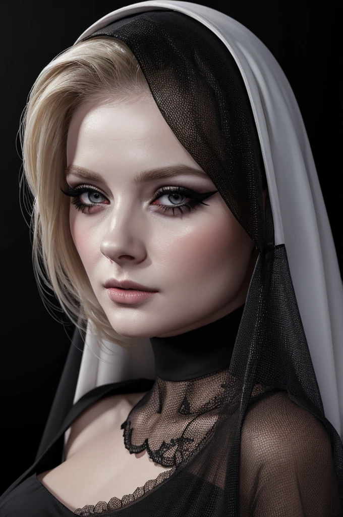 woman pretty, blonde ,wearing black veil ,nun, sheer dress,pale,eyeliner,portrait,no-makeup ,full body, makeup ,pale woman painting, eyeliner wonderful highly detailed masterpiece, beautiful light deep focus, elegant, digital painting, smooth, dramatic lighting, ultra realistic, 8k, art , black background,black background, black wallpaper