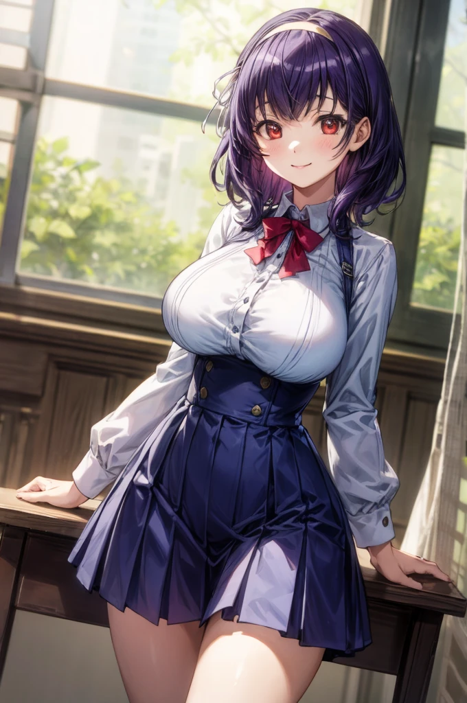 masterpiece, best quality, highres,absurdres,ray_tracing,intricate details,depth of field, extremely delicate and beautiful,4k,1girl,cowboy shot, looking at viewer,
yamanobe tomo, purple hair, red eyes, medium hair,  , hairband, long sleeves, blue skirt, high waist skirt,
classroom,
standing, 
smile,
huge breasts, curvy,    