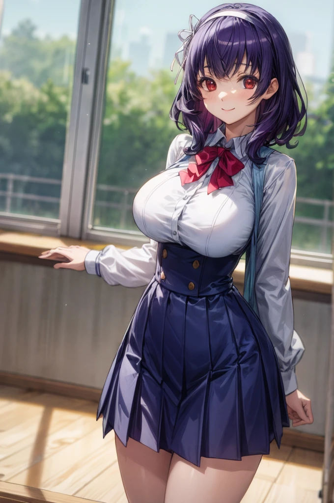 masterpiece, best quality, highres,absurdres,ray_tracing,intricate details,depth of field, extremely delicate and beautiful,4k,1girl,cowboy shot, looking at viewer,
yamanobe tomo, purple hair, red eyes, medium hair,  , hairband, long sleeves, blue skirt, high waist skirt,
classroom,
standing, 
smile,
huge breasts, curvy,    