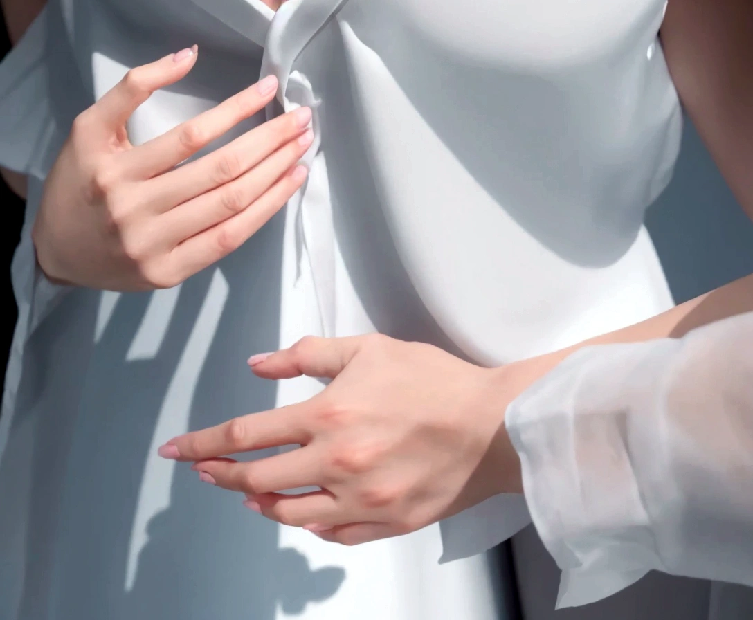There was a woman wearing a white shirt holding hands., Drawing in Anime Painter Studio, with index finger, Closeup style, heavy pose, Made with Anime Painter Studio., light anime illustrations, Subtly soft drawing, Hand Simpe, realistic hand, Details with shadows, Ultra Realistic Details, detailed hands, smooth cg anime art, realistic finger