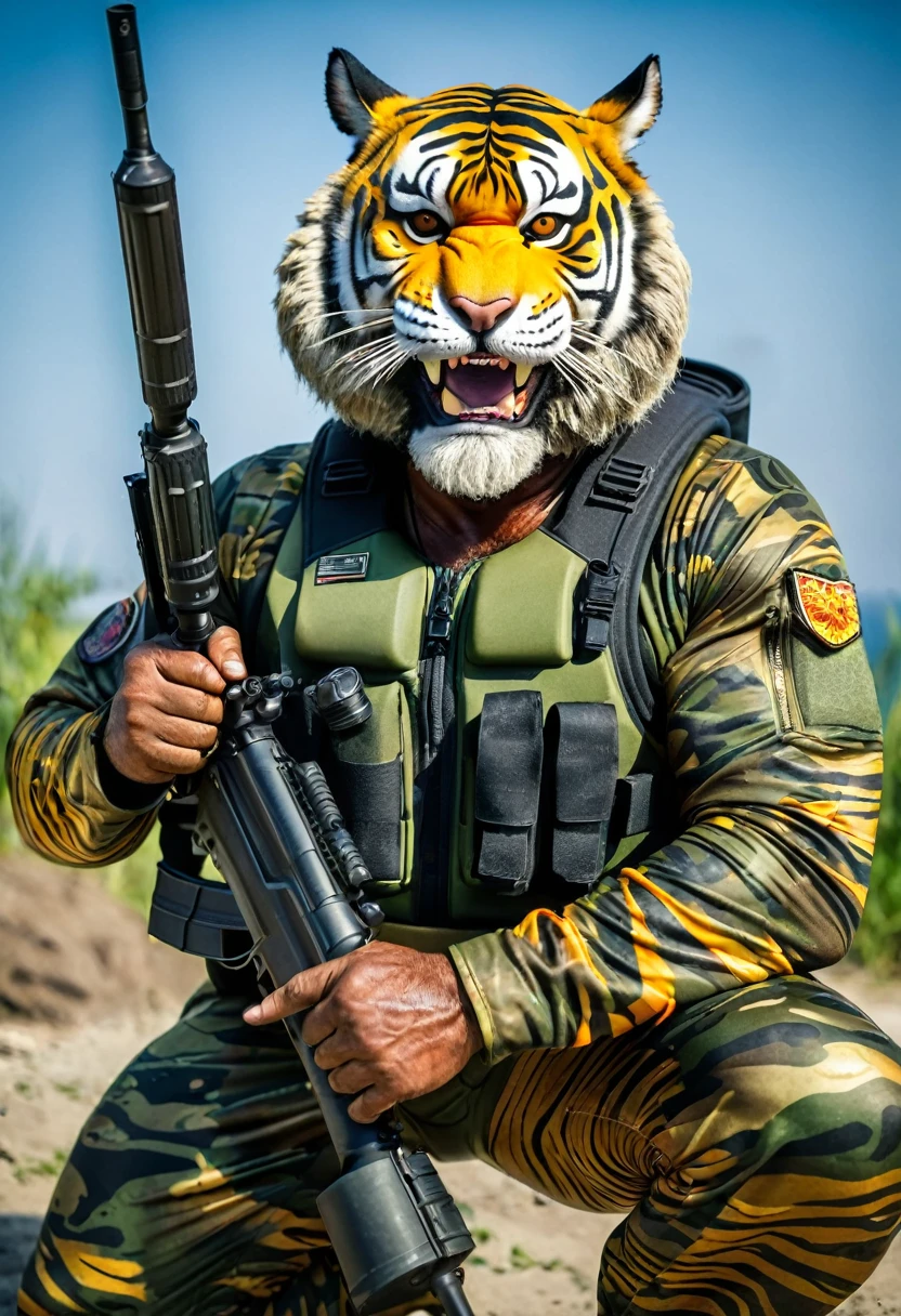 (a dark-skinned bearded fat muscular old man in a bulky army camouflage zipper diver suit), and (wearing realistic roaring siberian tiger mask) thumbs up, crouching shooting with sniper rifle, muscular, Bruce Onobrakpeya, sumatraism, stanley artgermm, action, heroic, fierce, furious