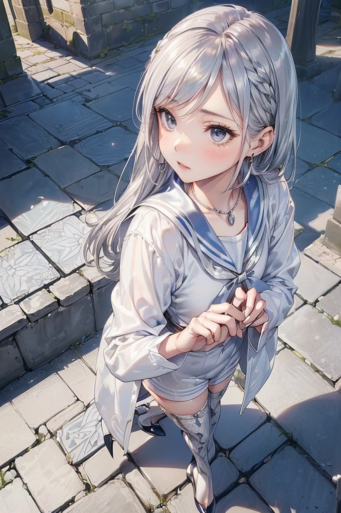 ((Biologically correct limb count))、(( From head to toe、Full-body photo including face))、4K、((Standing position))、masterpiece、((Focus on the face))、((Symmetrical facial features))、Eyes with detailed description、Beautiful woman、Great style、Beautiful arms、Beautiful legs、Beautiful Hands、(Small Ass、Thin thighs)、Facial detailing、Small earrings、necklace、(Sailor suit、((High heels、Patterned stockings)))、((Standing in front of an old castle in the daytime sun, looking up))、Silk gloves、(((Silver Hair)))、(Thick fog)、Realistic photo