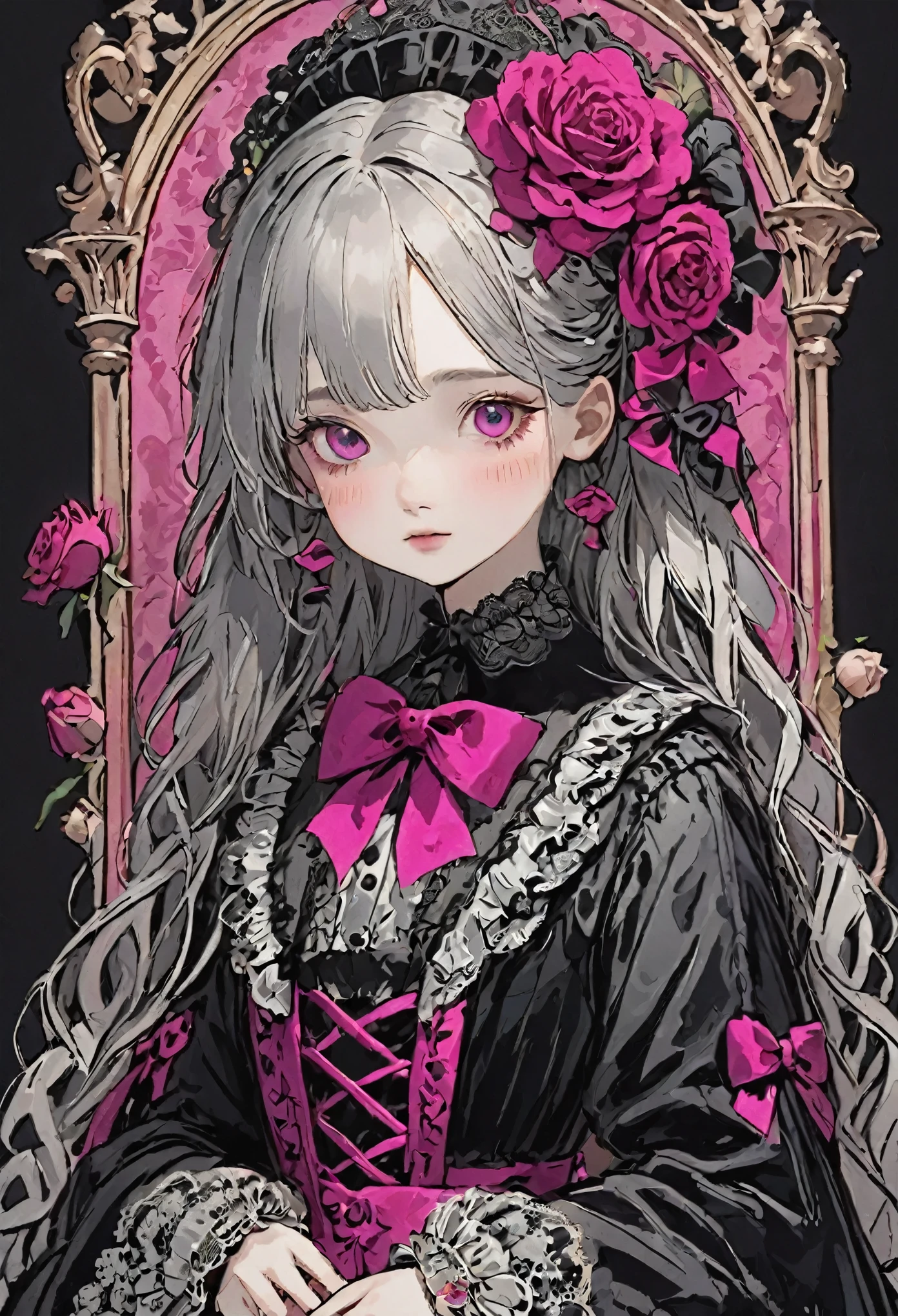 Beautiful gothloli Victorian girl, kawaii cute face, floral motifs, intricate details, braided hair, black lace, large doll-like eyes, dark fantasy, black color, neon-pink color,  silver color, roses ribbons, baroque design, surreal elegant, manga influence, detailed illustration, etching technique, high artistic value, historical cultural depth, world-renowned artwork