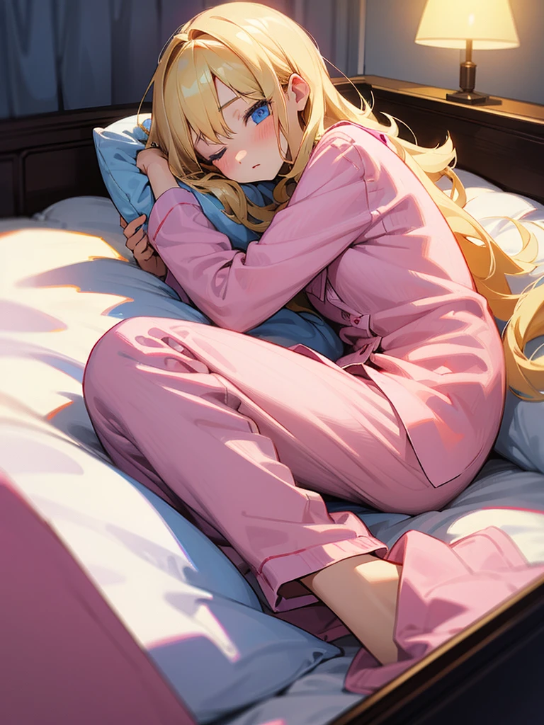 an adult girl, Blonde, blue eyes, pink pajamas, in his bed about to sleep, With eyes closed, in a night environment 