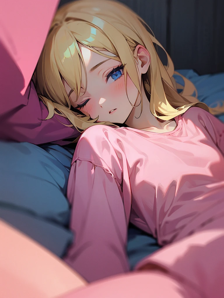 an adult girl, Blonde, blue eyes, pink pajamas, in his bed about to sleep, With eyes closed, in a night environment 