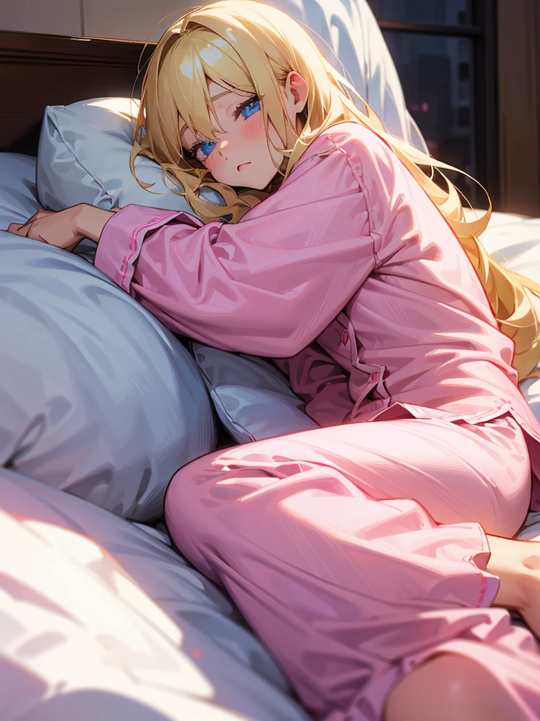 an adult girl, Blonde, blue eyes, pink pajamas, in his bed about to sleep, With eyes closed, in a night environment