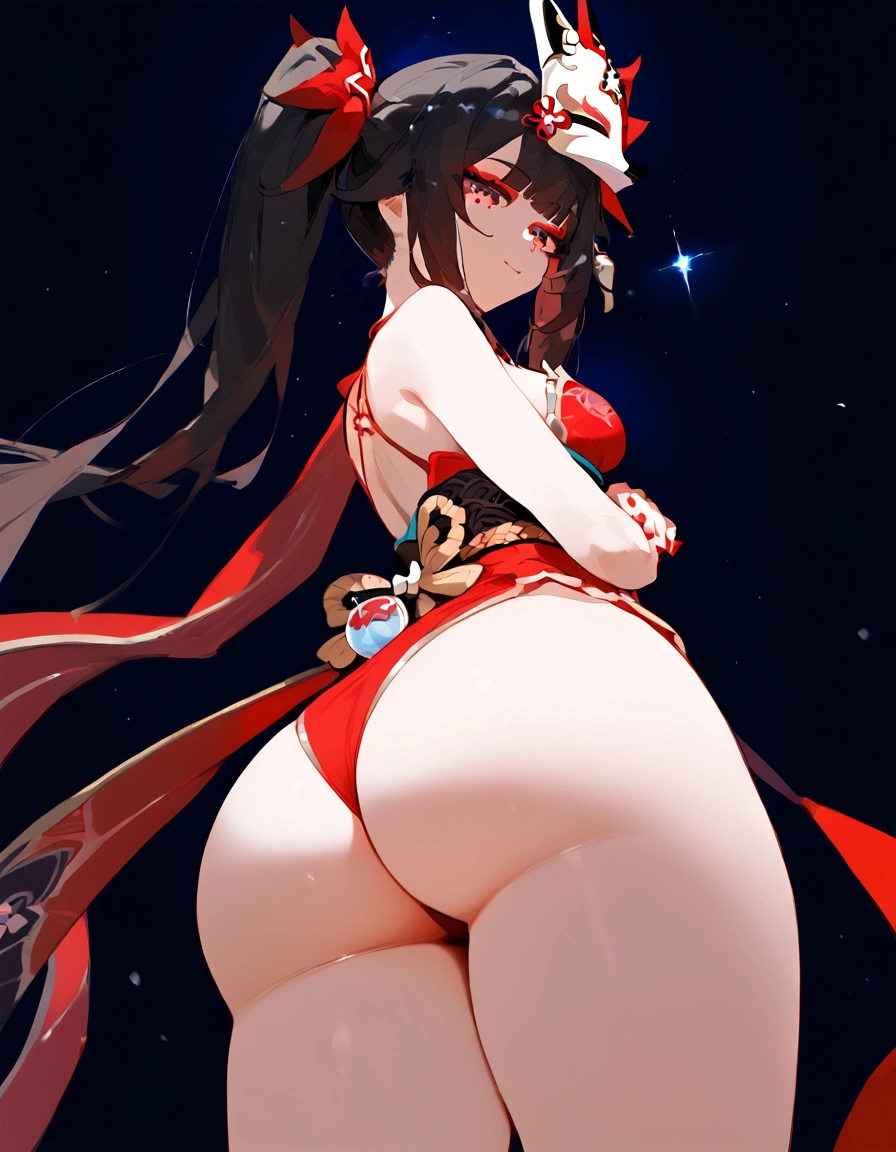 anime artwork, score_9, score_8_up, score_7_up, score_6_up, score_5_up, score_4_up,sparkle \(honkai: star rail\),1girl, twintails, black hair, medium breasts, red eyes, red eyeshadow, fox mask ,
, , , , she is 24 years old, , ,horny, , , , style_3, ,,, floox style, black background,, standing, dutch angle, from below, ass,, , , heavenly ass, deep skin,