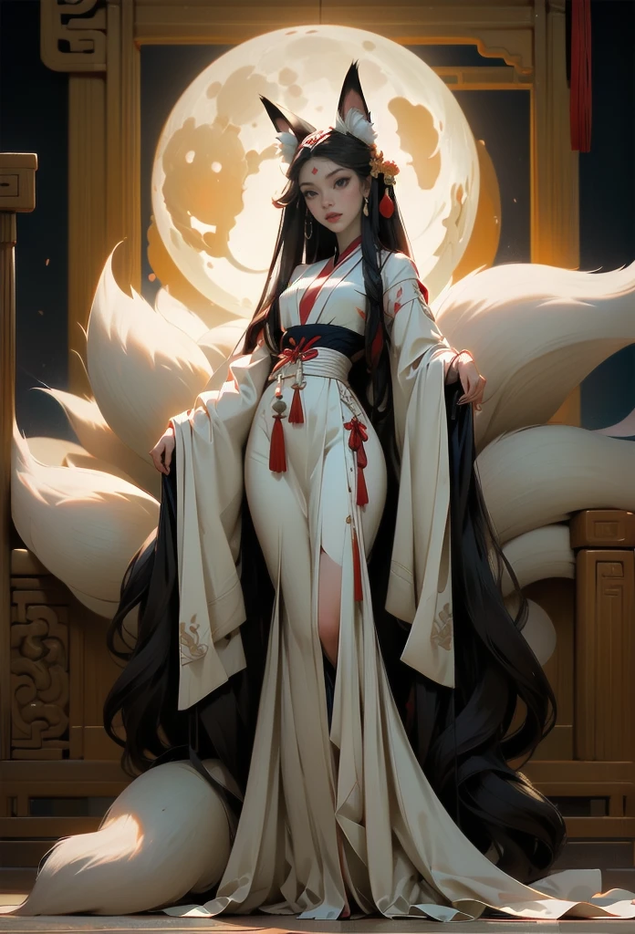 A flirtatious woman, with big eyes and a beautiful Hanfu dancing in front of a full moon scenery wallpaper, fits the description of the fox goddess Daji in ancient Chinese myth "The list of deities." Behind it is an abstract nine-tailed fox (Peking Opera style facial make-up), a full body shot, that combines tradition and modernity 