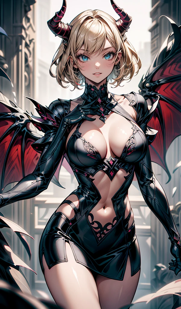 Please follow the all prompts below exactly and faithfully, This is a breathtaking masterpiece of digital illustration, with maximum resolution, UHD, 512K, 2160p, 10 million ppi, 300 million dpi, natural color tones, ultra sharp details, perfect outlines with contrast, ((smooth, soft and clearly and most realistic skin and hair texture)), most beautiful detailed eye features, perfect anatomically correct human body, beautiful background with depth, rule of thirds, depth of field, Maximize all element is used to its full potential to create the best digital illustrations, 1woman, sexy, 25years old, beautiful face sharp, elegant woman, Ultimate perfect body style, beautiful beautiful big breasts, Maximize upturned breasts, green eyes, shiny blonde hair, short hair, bob cut, (eyes visible through hair:1.3), glossy very thick lips, pink lipstick, smile:1.5, A demon with long, spiraled horns and dark, membranous wings in a powerful motion. The demon is adorned in a bright, intricately designed skirt with vibrant patterns. The outfit consists of over 20 detailed features, including flame-like designs, magical glyphs, and ornate armor. The demon is equipped with a formidable weapon, adding to its terrifying presence.