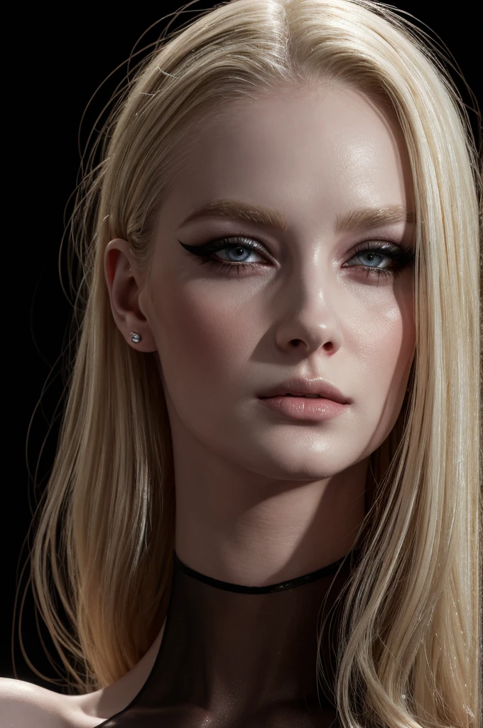 woman pretty, blonde,slick-blonde-slickback-hair, sheer dress,pale,eyeliner,portrait,no-makeup ,full body, makeup ,pale woman painting, eyeliner wonderful highly detailed masterpiece, beautiful light deep focus, elegant, digital painting, smooth, dramatic lighting, ultra realistic, 8k, art , black background,black background, black wallpaper