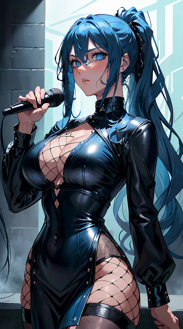 handsome older WOMAN，blue-eyes，blue pupils，Long blue hair，Hyperresolution，accuracy，Detailed rendering，（Subtle facial image）（Image of fine hair）（topquality）（Masterpieces of masters）（High degree of completeness）（A sense of atmosphere）tmasterpiece，Super detailed and super detailed（half-body portrait), long wavy blue hair, (((tHICK WAVY HAIR)))(((ANKLE LENGTH HAIR)))(((Blushing)))(((Huge breasts)))(((LARGER BREASTS))) large breasts, bigger breasts (((Bigger breasts))) (((Blushing))) (((Sakimichan))) (((blue hair))) (((black Rockstar outfit))) (((Leather black outfit))) (((Rockstar)))(((Fishnet tights)))(((cASUAL ROCK OUTFIT))) (((gRUNGE OUTFIT))) (((rOCK MAKEUP))) (((sINGING))) (((bLACK LEATHER OUTFIT))) (((bLACK EYELINER)))(((Fierce expression))) (((Focused))) (((Hair in a long ponytail))) (((Ponytail))) (((Sexy latex outfit)))(((Elf ears)))(((Spotlight))) 