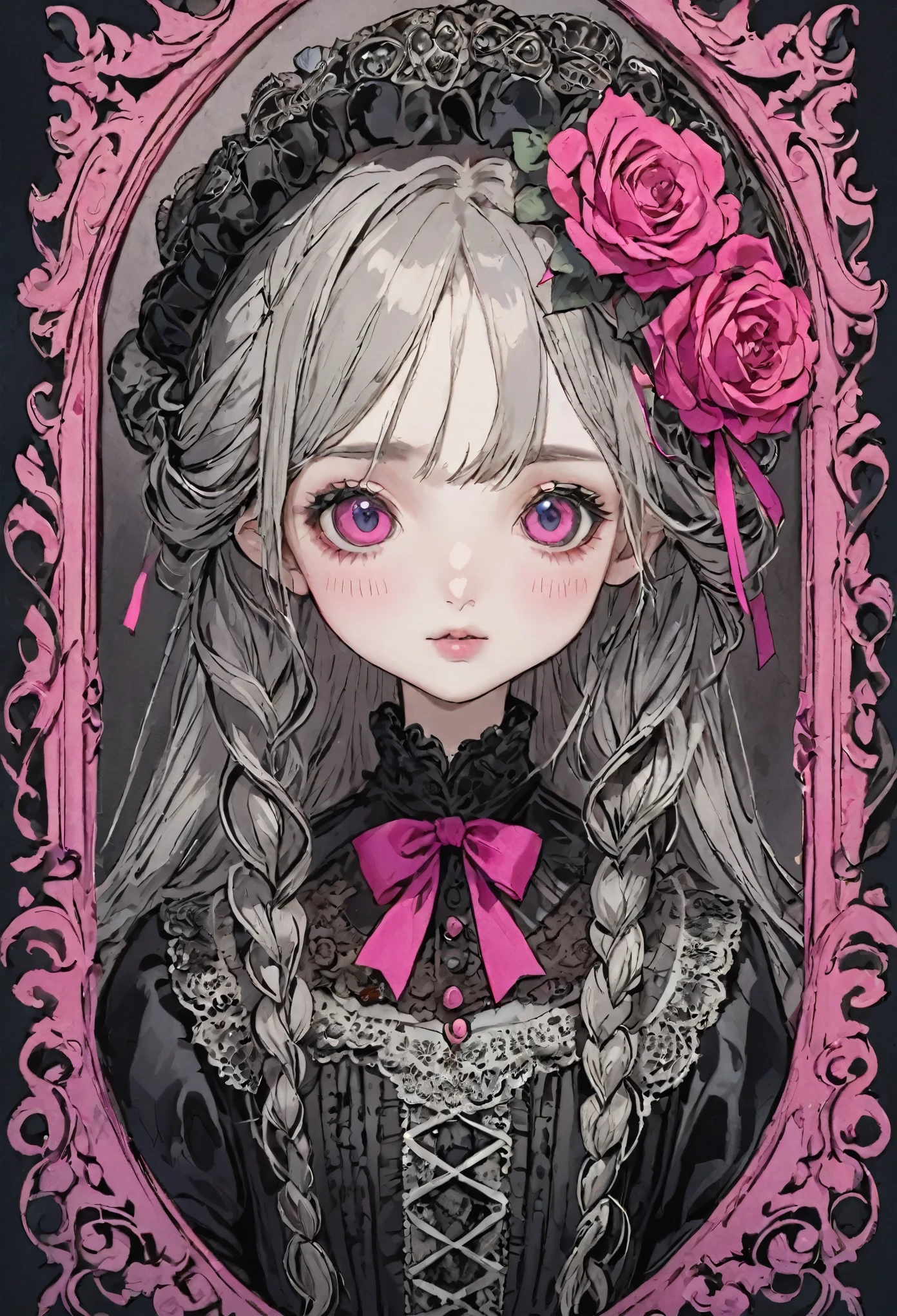 Beautiful gothloli Victorian girl, kawaii cute face, floral motifs, intricate details, braided hair, black lace, large doll-like eyes, dark fantasy, black color, neon-pink color,  silver color, roses ribbons, baroque design, surreal elegant, manga influence, detailed illustration, etching technique, high artistic value, historical cultural depth, world-renowned artwork
