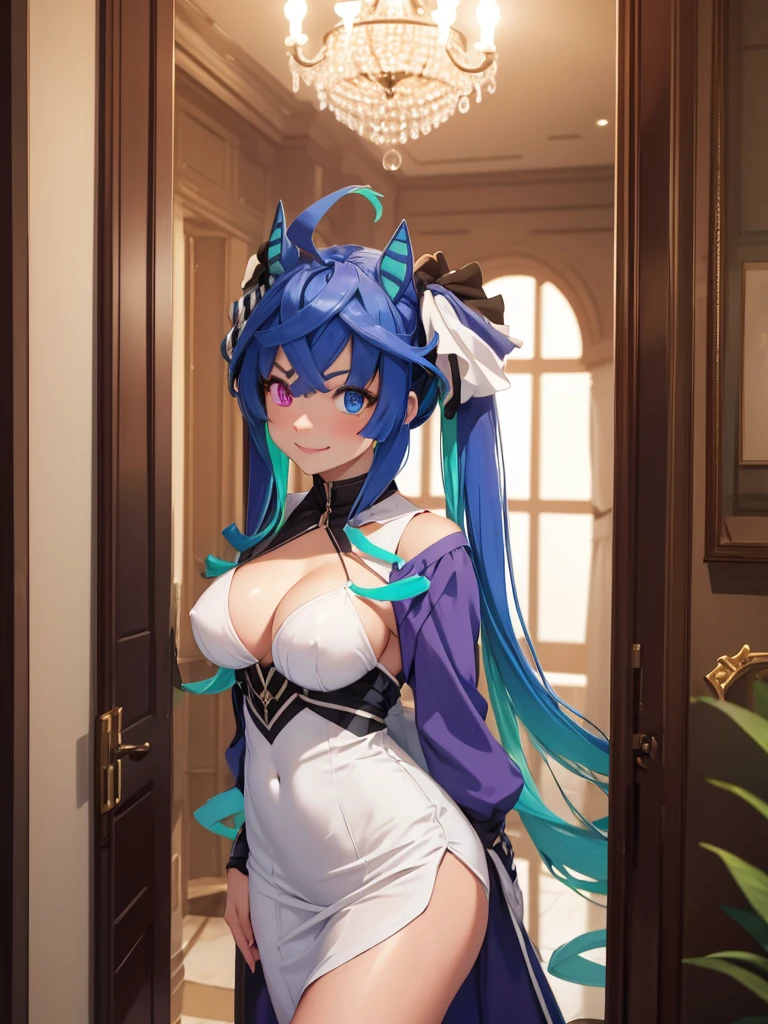 (masterpiece、top-quality、hight resolution)、((pov)), In a luxurious hotel room in an imaginary country, a call girl has just arrived. She stands at the door, dressed in seductive, provocative clothing that clearly marks her profession. The room is elegantly furnished with soft lighting, creating an intimate and inviting atmosphere. The call girl has a perfect, seemingly genuine smile on her face, though it is clear her job is to appear pleasing. She is the only person in the room, adding to the sense of privacy and exclusivity. The overall scene exudes a blend of luxury, seduction, and professional charm. nsfw, breast focus, Twin_Turbo_Umamusume, aqua hair, twintails, heterochromia, purple eyes, blue eyes, sharp teeth, ((flat chest)), happy, hores tails,